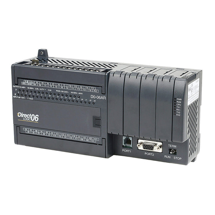 D0-06AR | Automation Direct DirectLOGIC DL06 PLC, 120-240 VAC required, serial ports, Discrete Input: 20-point, AC, Discrete Output: 16-point, relay.