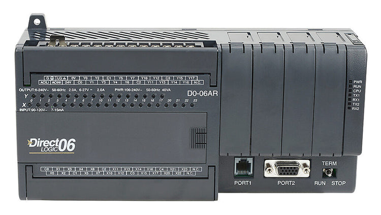 D0-06AR | Automation Direct DirectLOGIC DL06 PLC, 120-240 VAC required, serial ports, Discrete Input: 20-point, AC, Discrete Output: 16-point, relay.