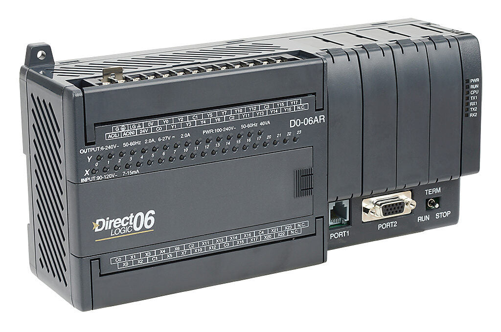 D0-06AR | Automation Direct DirectLOGIC DL06 PLC, 120-240 VAC required, serial ports, Discrete Input: 20-point, AC, Discrete Output: 16-point, relay.