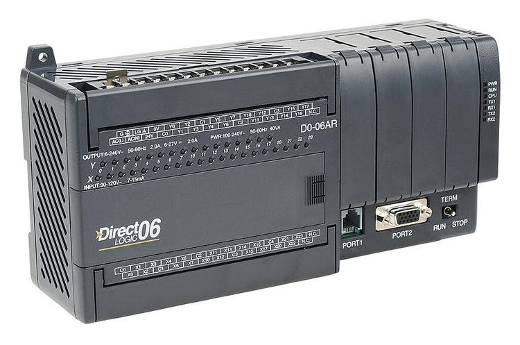 D0-06AR | Automation Direct DirectLOGIC DL06 PLC, 120-240 VAC required, serial ports, Discrete Input: 20-point, AC, Discrete Output: 16-point, relay.