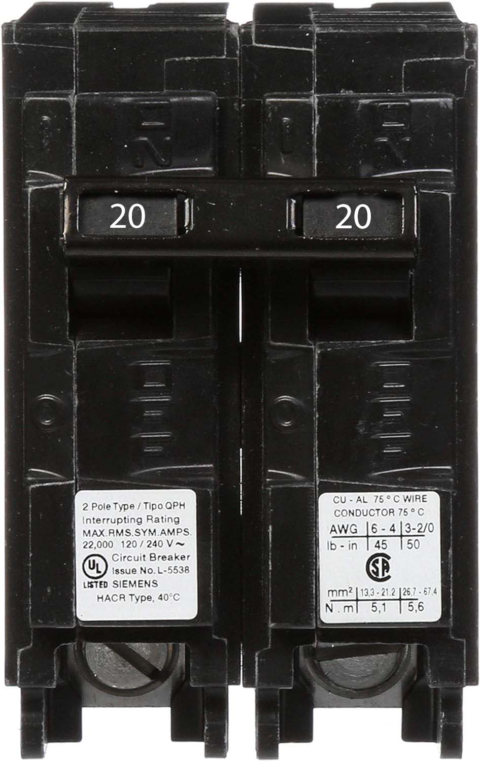 Q220H | Siemens 20A 2-Pole 22kA 120/240V Molded Case Circuit Breaker
