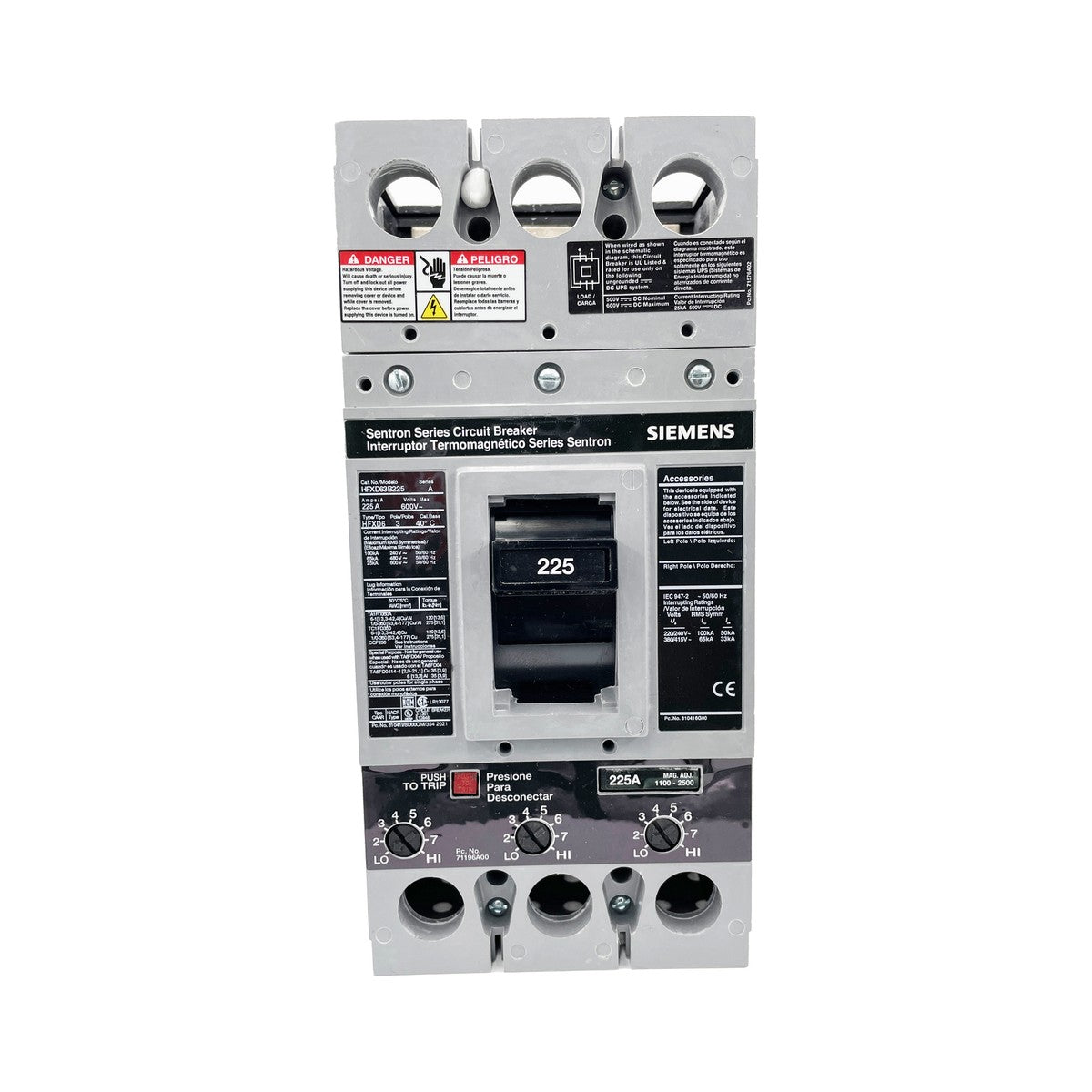 Siemens HFXD63B225 225 Ampere Three-Pole Molded Case Circuit Breaker