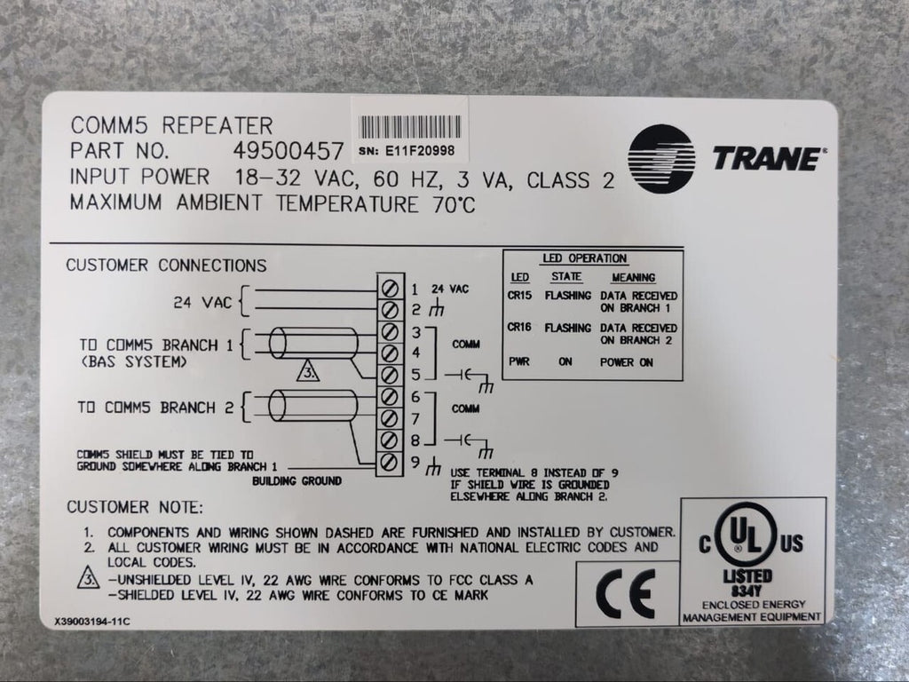 Trane 49500457 Rev. L Standard Control Circuit Board with Steel Enclosure