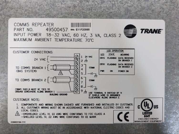 Trane 49500457 Rev. L Standard Control Circuit Board with Steel Enclosure