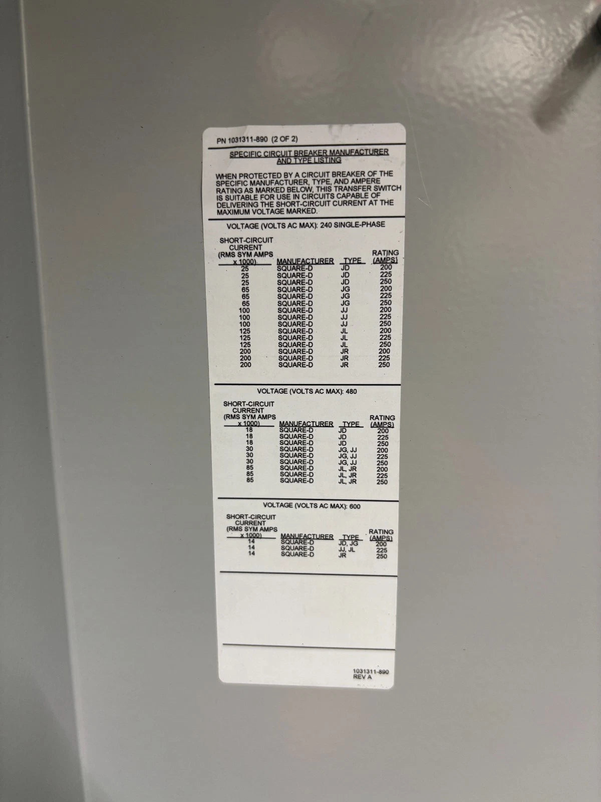 ASCO D03ATSA30200CGXC Series 300 200A 208V 3-Phase 3-Pole Automatic Transfer Switch