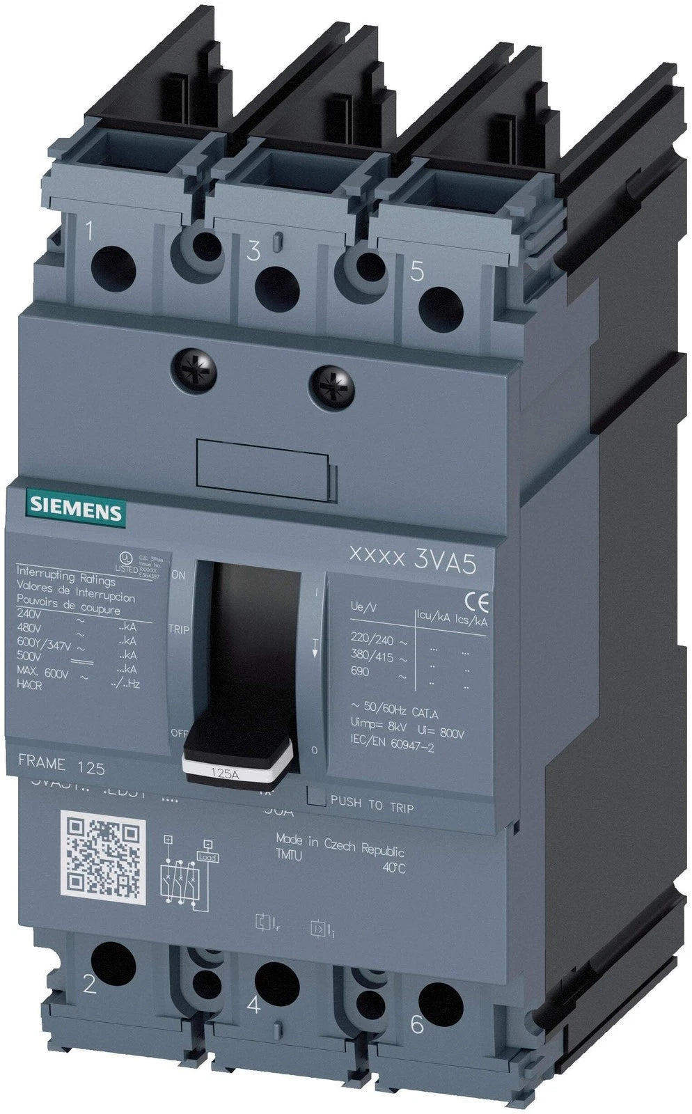 Siemens 3VA5150-6ED31-0AA0 3VA5 Series 50A 3-Pole Thermal-Magnetic Circuit Breaker