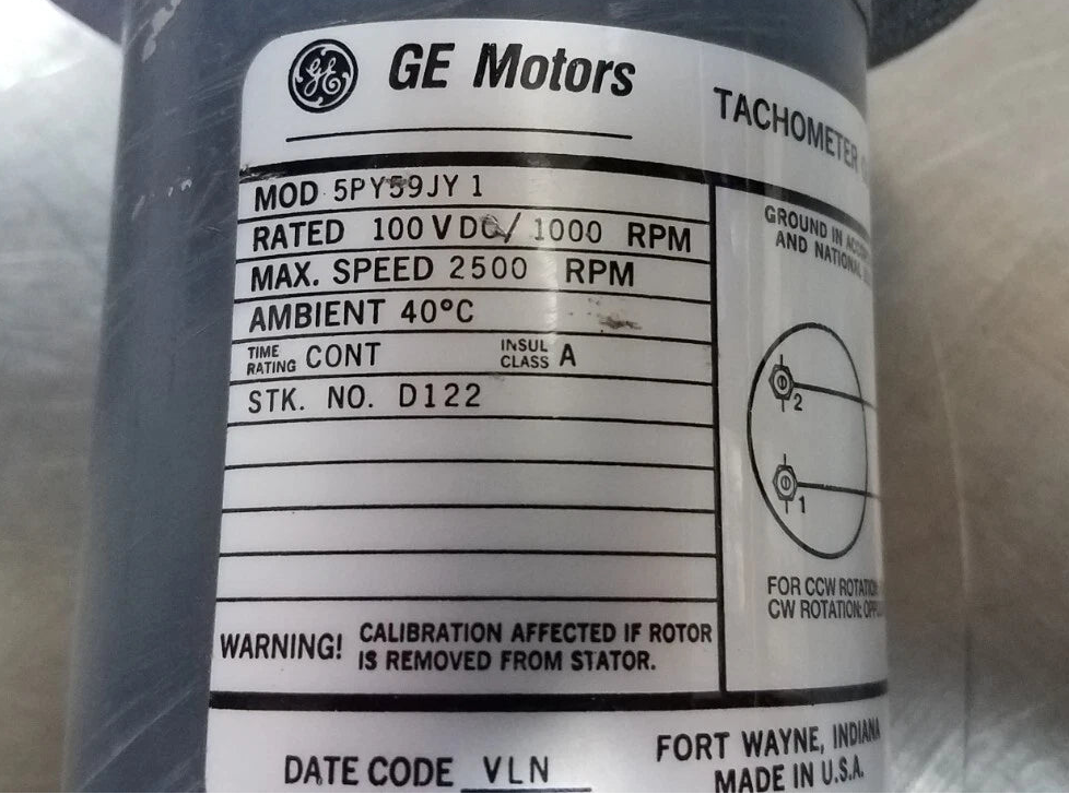 General Electric 5PY59JY2 DC Tachometer Generator 50VDC 1000RPM Flange Mounted GE59 Frame