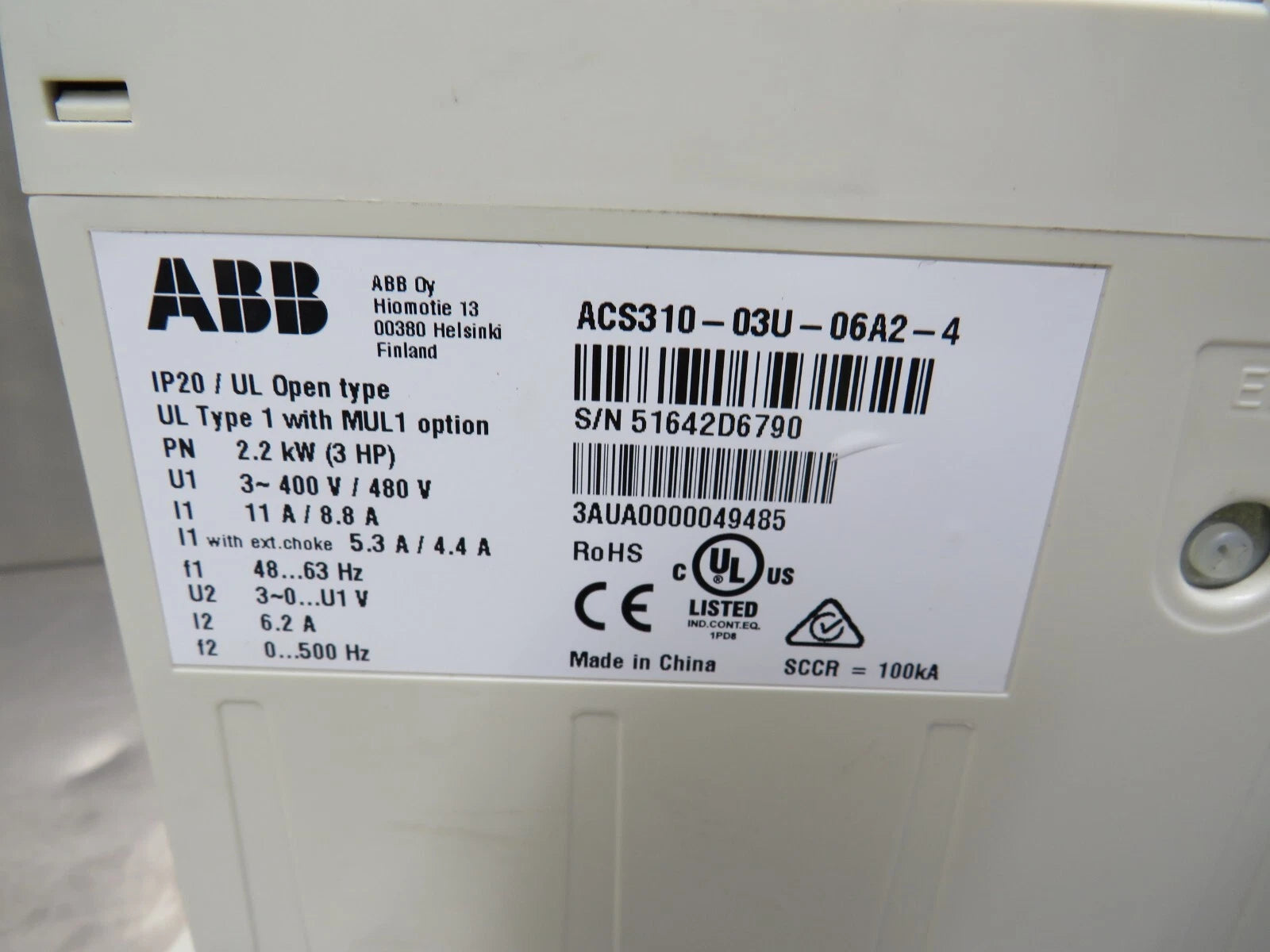 ABB ACS310-03U-06A2-4 ACS310 3 HP Pump and Fan AC Drive 6.2A