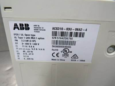 ABB ACS310-03U-06A2-4 ACS310 3 HP Pump and Fan AC Drive 6.2A