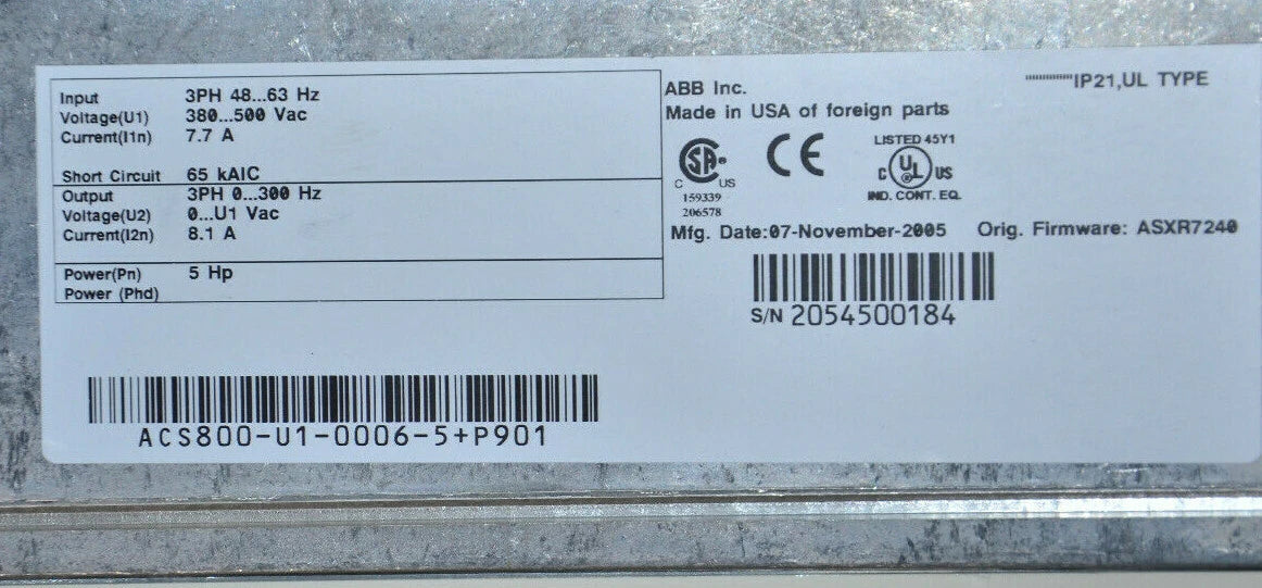 ABB ACS800-U1-0006-5+P901 ACS800 5 HP AC Drive 480VAC