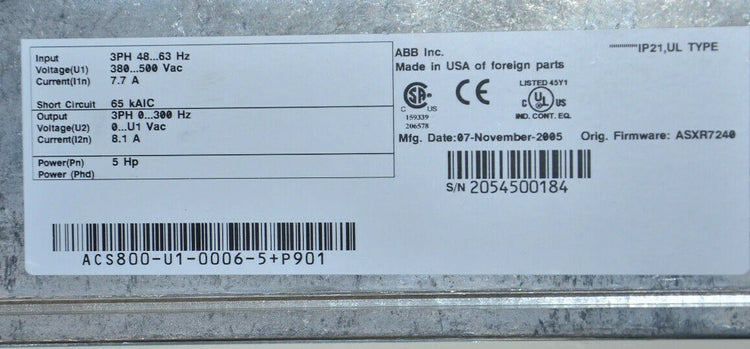 ABB ACS800-U1-0006-5+P901 ACS800 5 HP AC Drive 480VAC