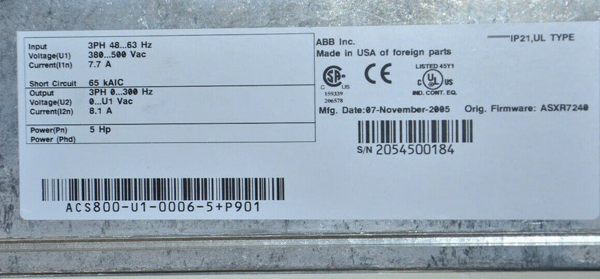 ABB ACS800-U1-0006-5+P901 ACS800 5 HP AC Drive 480VAC
