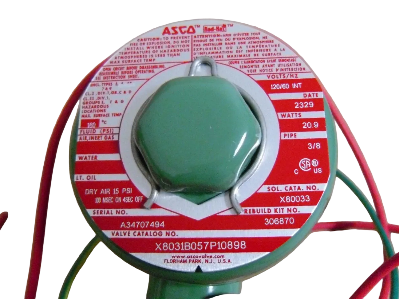 ASCO X8031B057P10898 RedHat 2-Way Normally Closed 120V AC 3/8-Inch Solenoid Valve