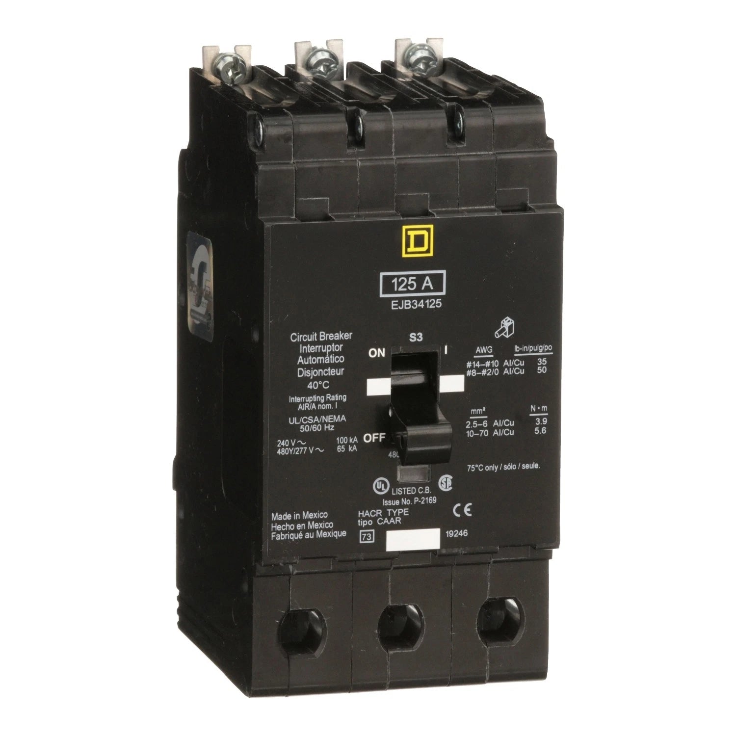 EJB34125 | Schneider Electric Three Pole Thermal Magnetic Molded Case Circuit Breaker 125A 480Y/277VAC
