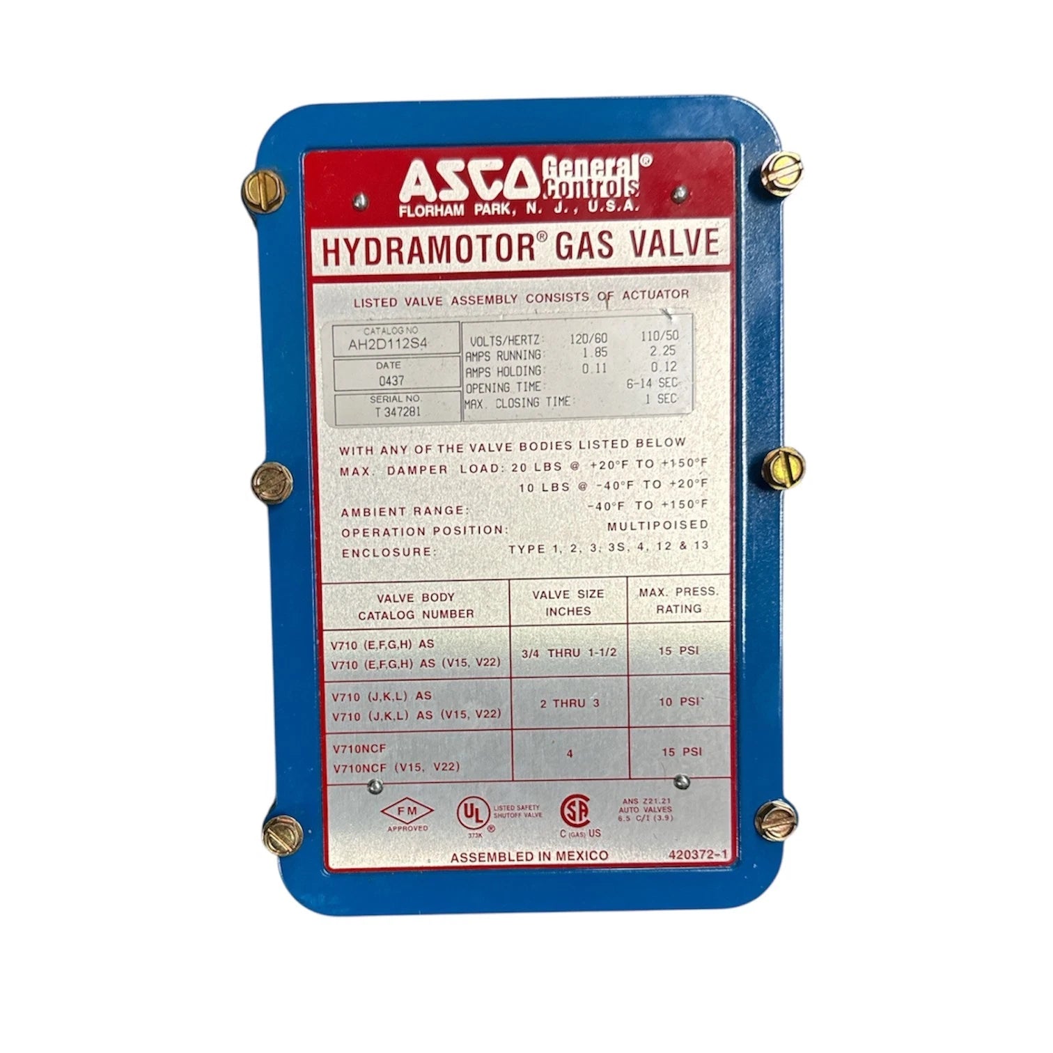 Asco AH2D112S4 Hydramotor Fast-Opening Electro-Hydraulic Gas Valve Actuator 120V AC