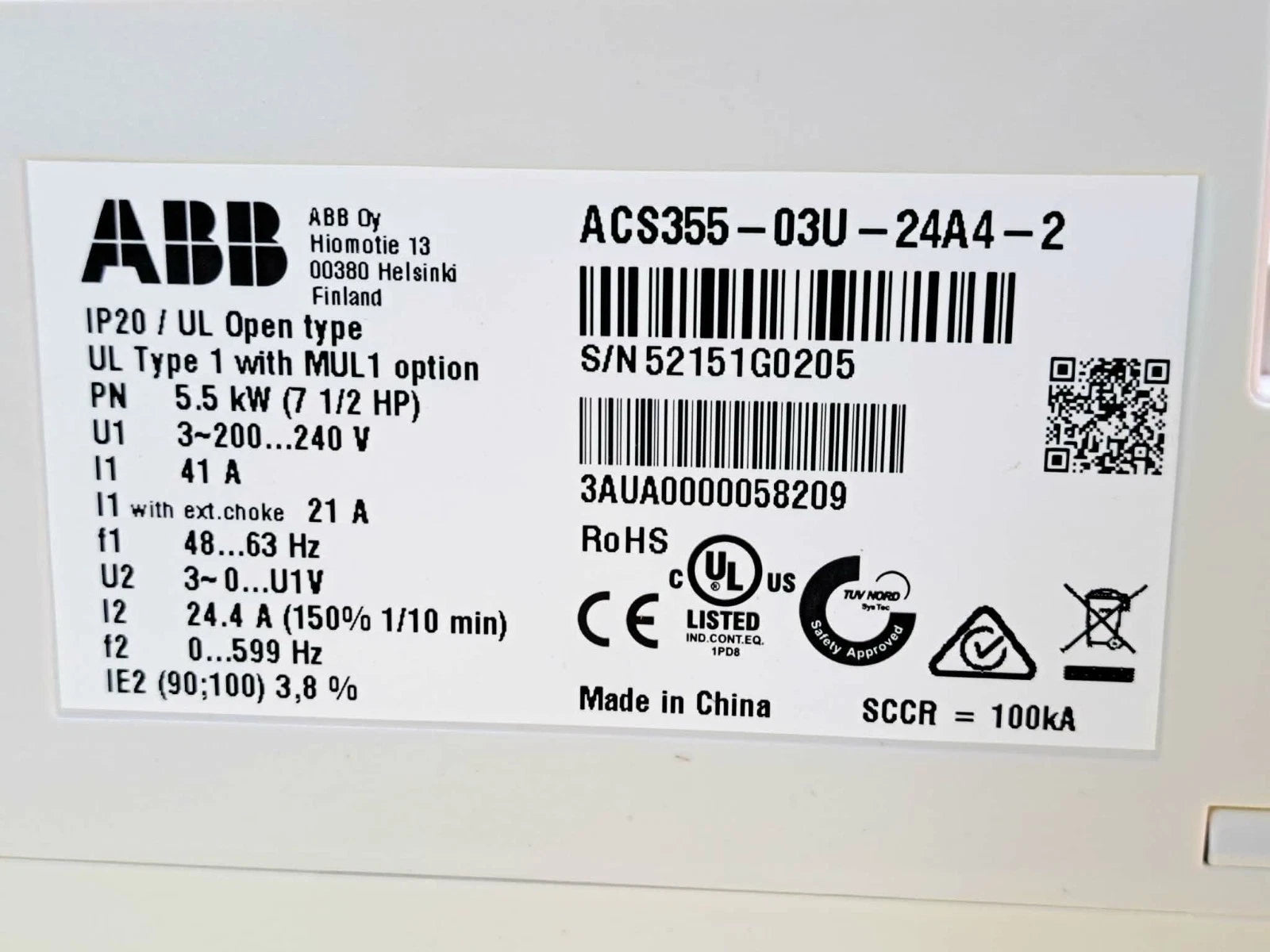 ABB ACS355-03U-24A4-2 ACS355 7.5 HP Machinery Drive 24.4A