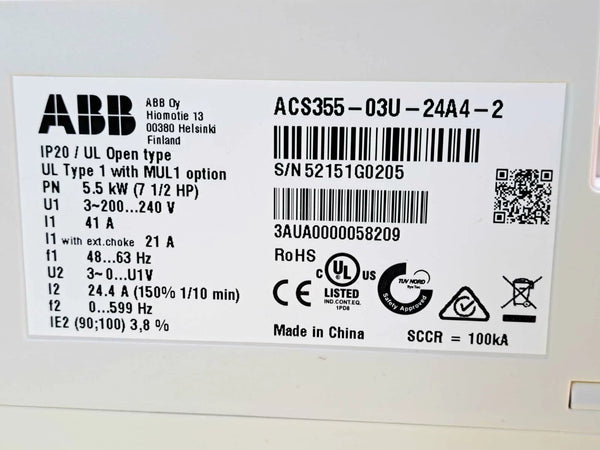 ABB ACS355-03U-24A4-2 ACS355 7.5 HP Machinery Drive 24.4A