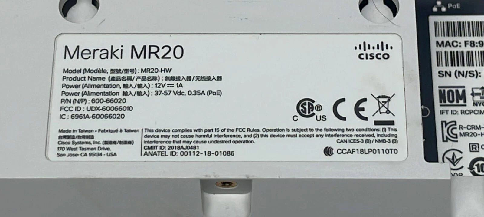 Cisco MR20-HW Cloud-Managed 802.11ac Wave 2 Dual-Band Wireless Access Point