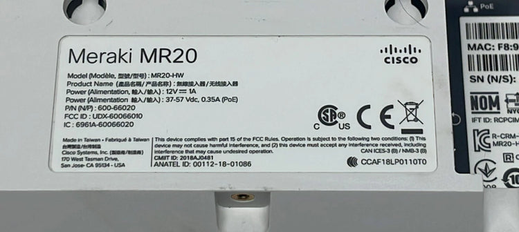 Cisco MR20-HW Cloud-Managed 802.11ac Wave 2 Dual-Band Wireless Access Point