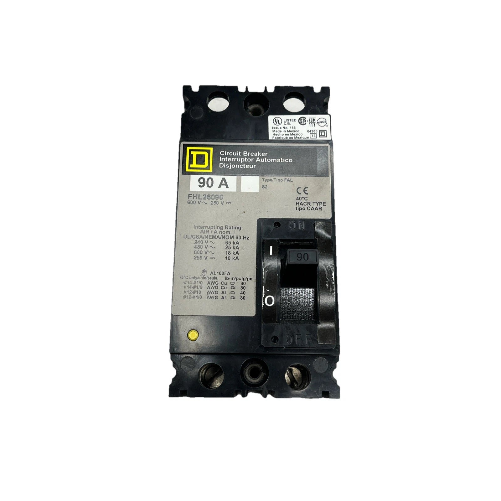 FHL26090 | Square D 2-Pole 90A 600VAC Thermal Magnetic Molded Case Circuit Breaker