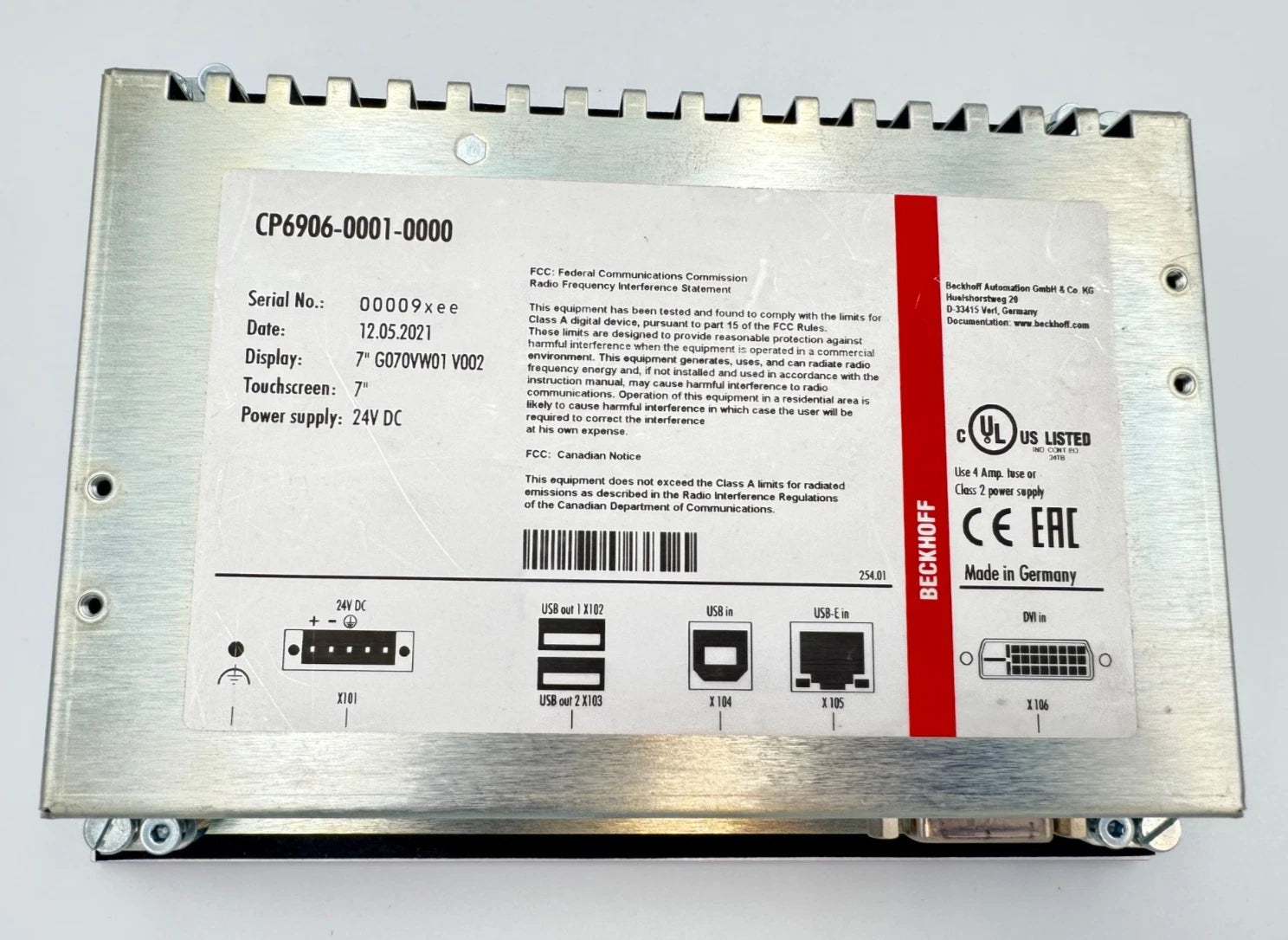 CP6906-0001-0000 | Beckhoff 7-Inch Touch Control Panel WVGA DVI/USB Interface