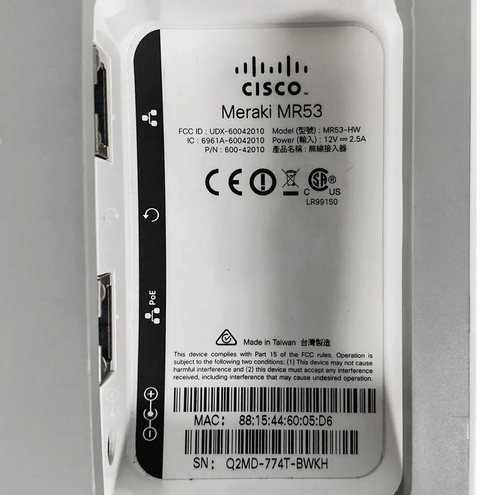 Cisco MR53-HW Meraki Cloud-Managed 802.11ac Wave 2 Indoor Wireless Access Point