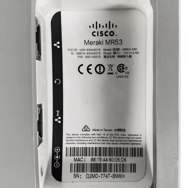 Cisco MR53-HW Meraki Cloud-Managed 802.11ac Wave 2 Indoor Wireless Access Point