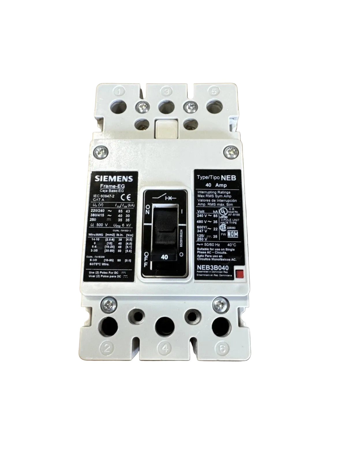 Siemens NEB3B040 3-Pole 40A Molded Case Circuit Breaker 600V 35kA Thermal-Magnetic Bolt-On