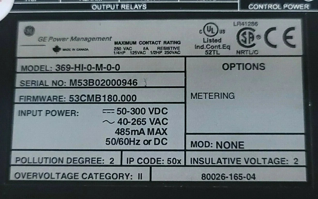 General Electric 369-HI-0-M-0-0 369 Motor Management Protective Relay with Wide-Range Power Input