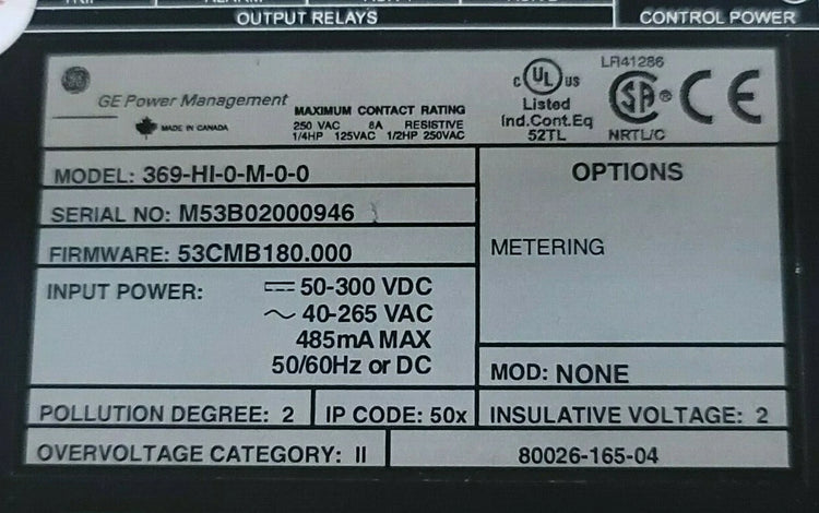 General Electric 369-HI-0-M-0-0 369 Motor Management Protective Relay with Wide-Range Power Input