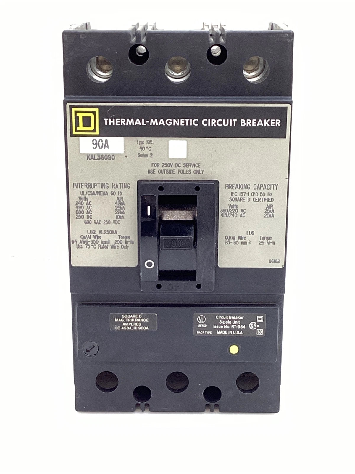 KAL36090 | Schneider Electric Three Pole Thermal Magnetic Molded Case Circuit Breaker 90A 600VAC