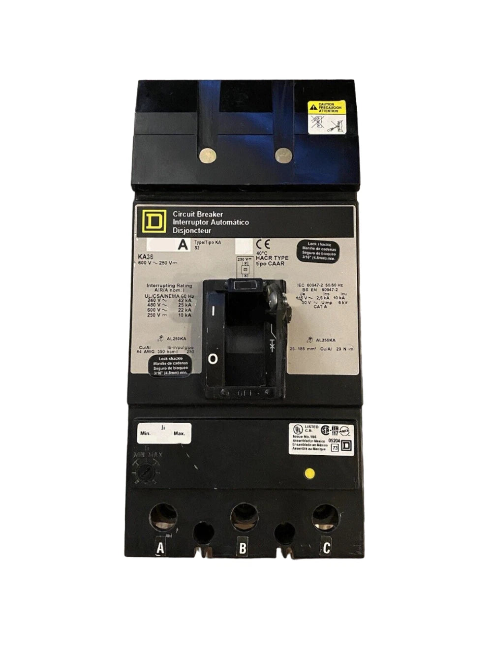 KAB36225 | Schneider Electric Three Pole Thermal Magnetic Molded Case Circuit Breaker 225A 600VAC