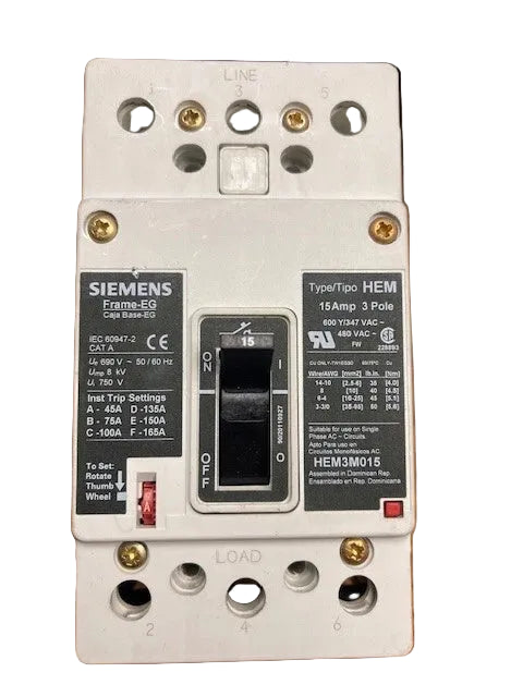 Siemens HEM3M015 3-Pole 15A Molded Case Circuit Breaker 65kA 480/600VAC MCP