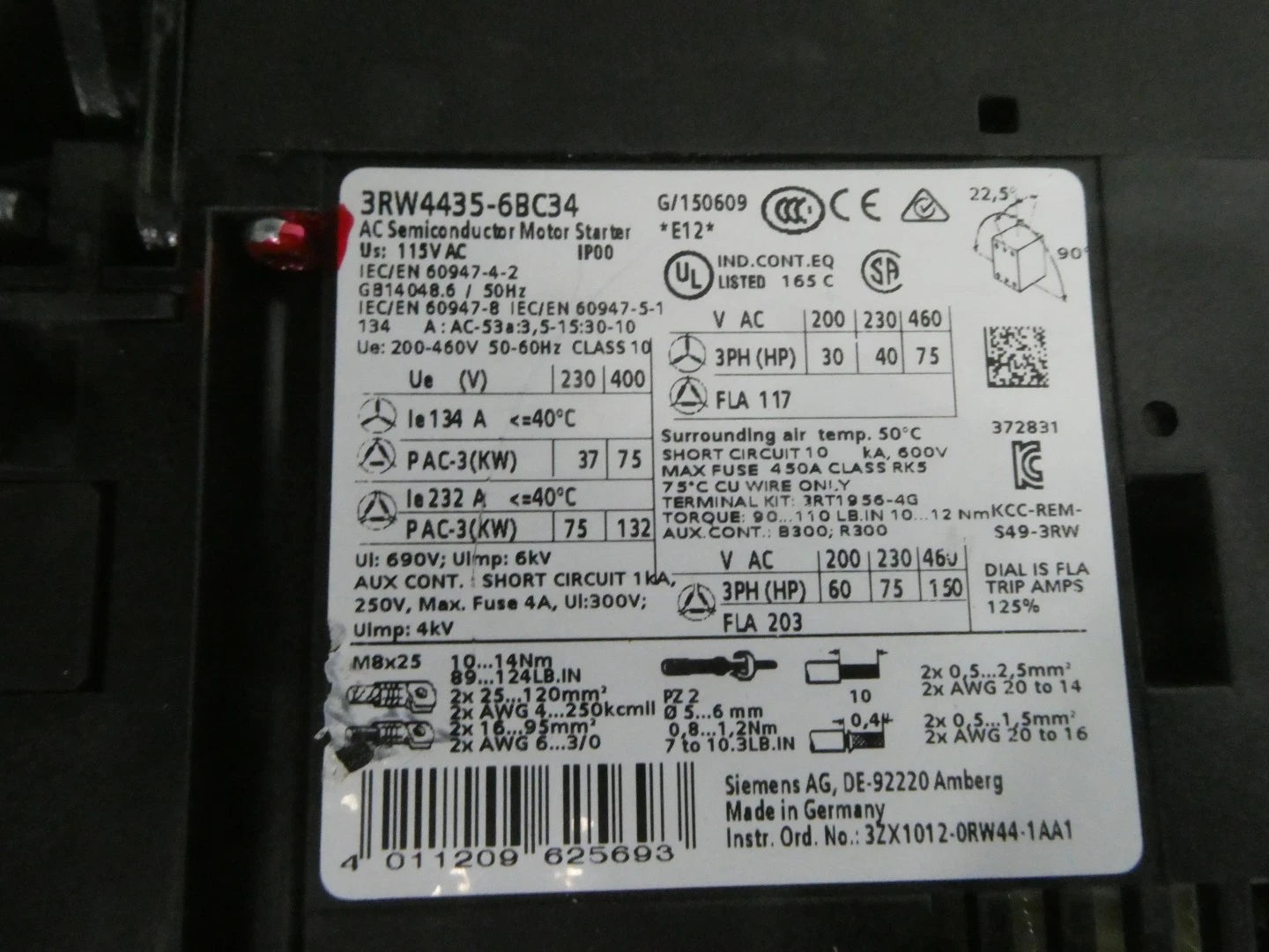 Siemens 3RW4435-6BC34 SIRIUS Soft Starter 200-460VAC 3-Phase 150HP 203A