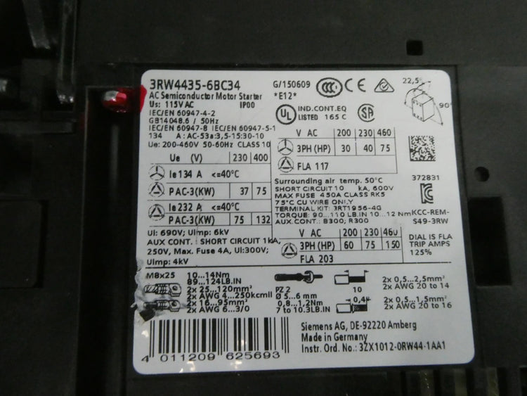 Siemens 3RW4435-6BC34 SIRIUS Soft Starter 200-460VAC 3-Phase 150HP 203A