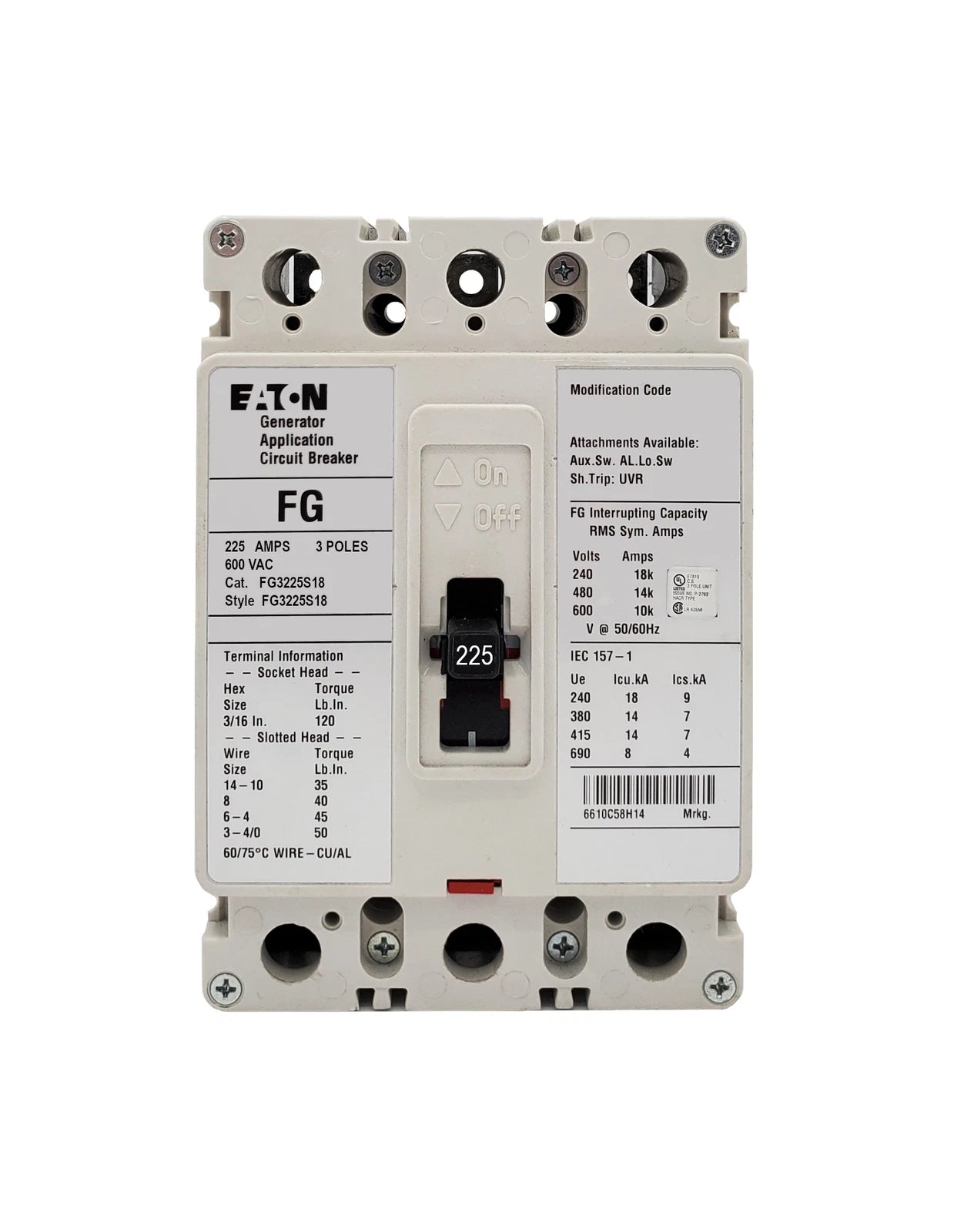 FG3225S18 | Eaton FG Frame 225A 3-Pole Molded Case Circuit Breaker