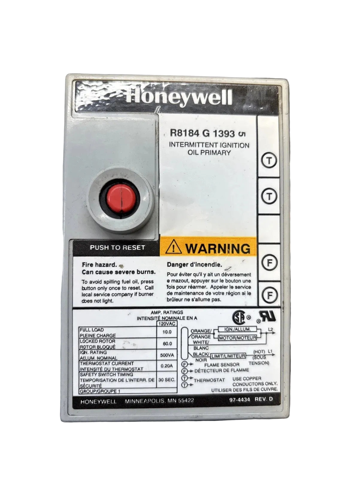 Honeywell R8184G1393 Oil Burner Control 120V Flame Rectification Module 30s Safety Timing