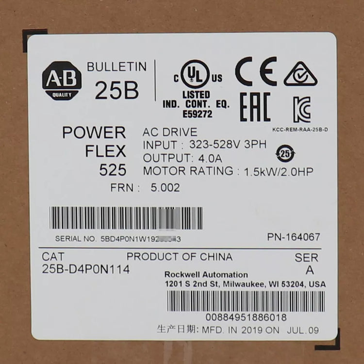 25B-D4P0N114 | Allen-Bradley PowerFlex 525 AC Drive 480V, 3-Ph, 1.5kW, 2HP