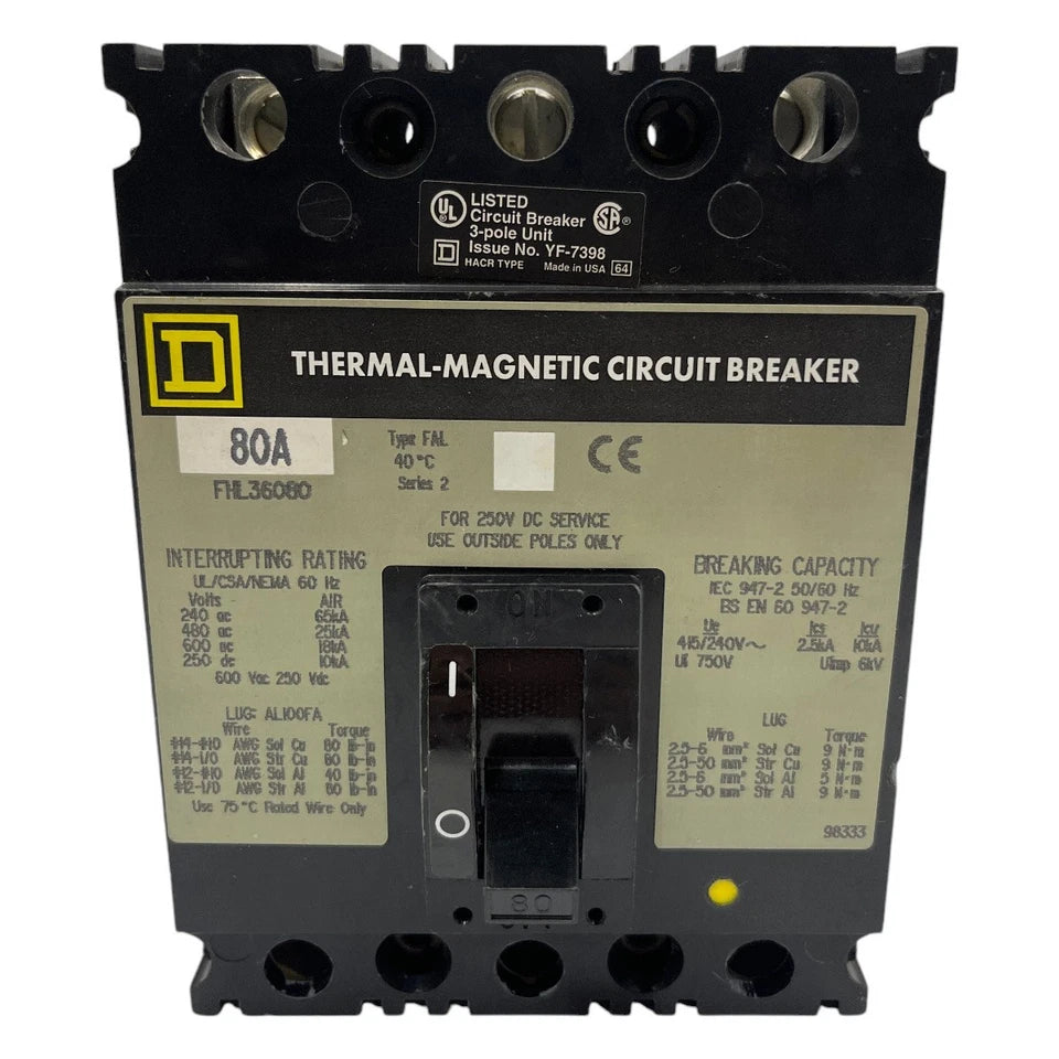FHL36080 | Schneider Electric Three Pole Thermal Magnetic Molded Case Circuit Breaker 80A 415V