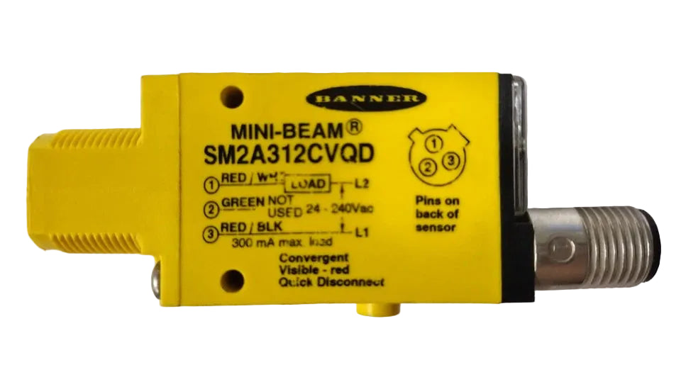 SM2A312CVQD | Banner MINI-BEAM AC Convergent Sensor, 16 mm, 24–240 VAC