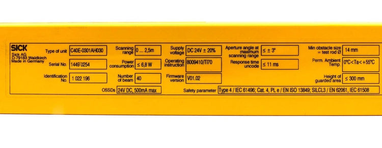 C40E-0301AH030 | SICK C4000 Basic Safety Light Curtain Receiver, 300 mm