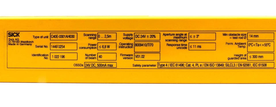 C40E-0301AH030 | SICK C4000 Basic Safety Light Curtain Receiver, 300 mm