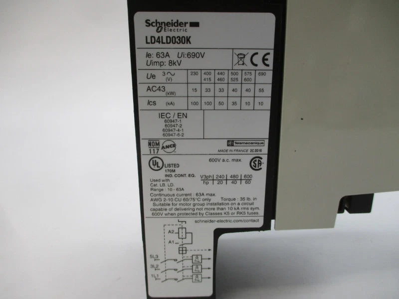 Schneider Electric LD4LD030K Contactor Breaker 63A 690V TeSys Integral 63