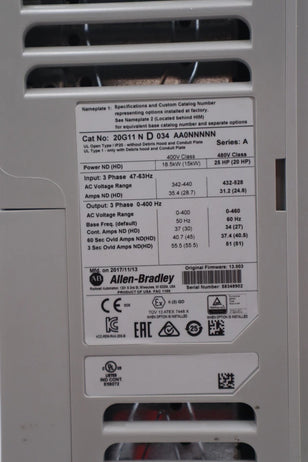 Allen-Bradley 20G11ND034AA0NNNNN PowerFlex 755 25HP 480V AC Drive